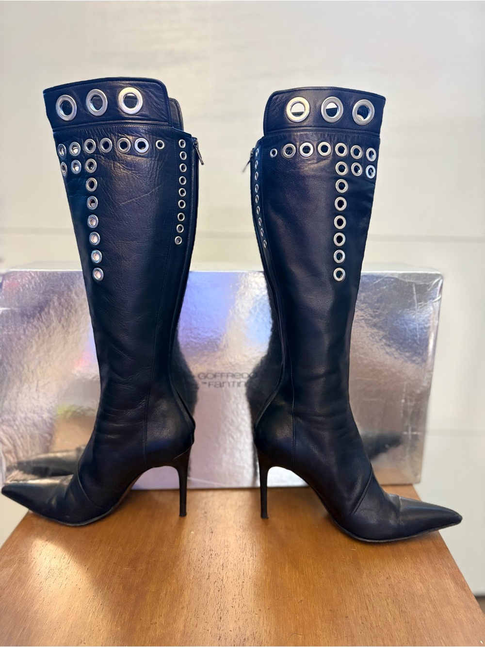 Goffredo Fantini VINTAGE Y2K Black Grommet-Detail Knee-High Leather Stiletto Boo